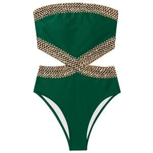 Militia Women Green Cutout Strapless One Piece Swimsuit Gold Trim Sexy S